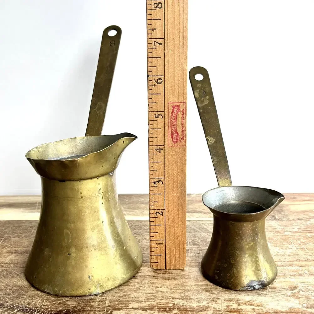 Vintage Brass Coffee Melting Pots 12 oz & 4 oz Rustic Patina Farmhouse Set of 2